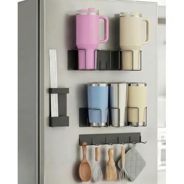 Imagem de Oasis Origin Organizador magnético de copo, suporte de copo sem broca de 4 peças para geladeira ou superfície de metal, compatível com copos Stanley 20/30/1,134 g, armazenamento de canudo e tampa que