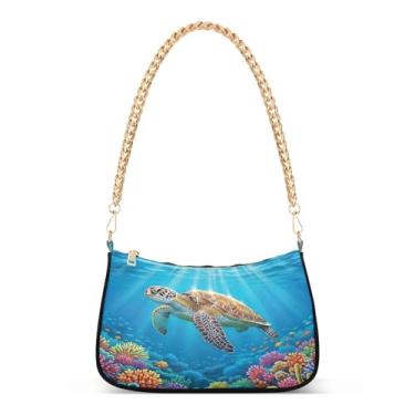Imagem de Bolsa de ombro de tartaruga marinha azul oceano coral, bolsa artística média, bolsa de mão Hobo moderna para mulheres
