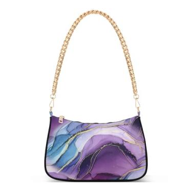Imagem de Bolsa de ombro com corrente azul roxa estética, bolsa feminina Hobo com estampa elegante, bolsa média para uso casual ou noturno