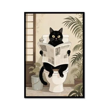 Imagem de Arte de parede em tela de gato preto engraçado na banheira gato fofo lavar suas patas lendo pôster de jornal banheiro estampas de animais decoração de parede de banheiro (SKU2, 20.3x30.5 cm = (20x30cm