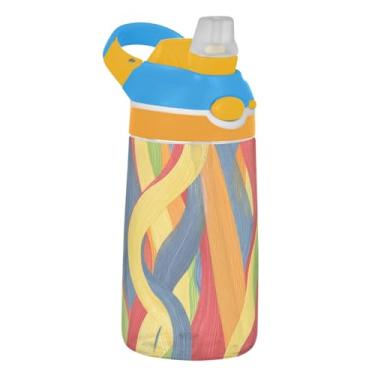 Imagem de Garrafa de água esportiva infantil com linhas coloridas vibrantes para escola, 473 ml, 473 ml, garrafa de água Tritan com canudo, copo infantil à prova de vazamento, portátil, alça de transporte