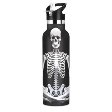 Imagem de Joisal Garrafa de água de aço inoxidável para adolescentes para escola, caveira sentada, 590 ml, à prova de vazamento, garrafa de água sem BPA, copos infantis isolados com tampa de canudo