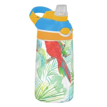 Imagem de Garrafa de água esportiva infantil Tritan de 473 ml com tampa de palha, garrafa de água portátil para escola, reutilizável, copo infantil de 473 ml, alça de transporte, papagaios vermelhos, plantas
