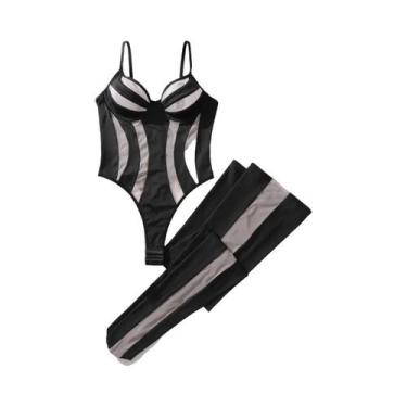 Imagem de Conjunto De Lingerie Sexy Com Meias Em Malha Transparente Listrada E C