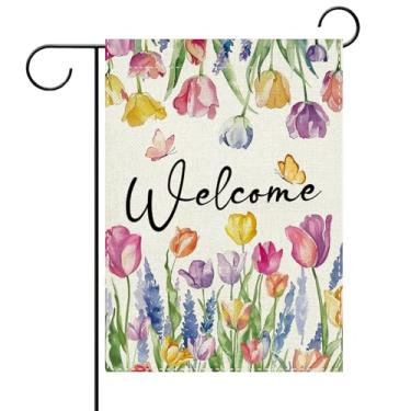 Imagem de Terkki Welcome Spring Tulip Flower Decorative Garden Flag, Watercolor Lavender Floral Small Yard Outside Decorations, Summer Botanical Burlap Outdoor Home Decor Dupla Face 12 x 18
