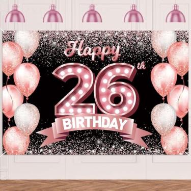 Imagem de Happy 26th Birthday Rose Gold Banner Pano de fundo Cheers to 26 Anos Confetes Balões Tema Decorações para Mulheres 26 Anos Rosa Aniversário Festa Bday Supplies Fundo Favores Presente Glitter