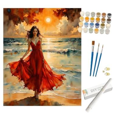 Imagem de Kit de pintura de retrato por números para adultos – DIY mulher vestido vermelho ao pôr do sol na praia pintura enrolada em tela 40,6 x 50,8 cm, conjunto de tinta acrílica, adequado para iniciantes