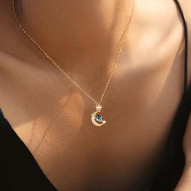 Imagem de Colar feminino com pingente de estrela de cristal e lua universo de aço inoxidável dourado planeta azul corrente ajustável colares delicados para férias BFF joia 45,7 cm