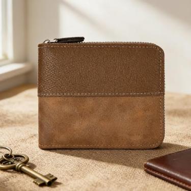 Imagem de Carteira masculina moderna cáqui portátil com alça de couro genuíno brilhante, confortável, design moderno cáqui portátil com alça, acabamento brilhante, sensação de couro, confortável