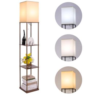 Imagem de Gupuzm Luminária de chão com prateleiras, lâmpada quadrada moderna com lâmpada de temperatura de 3 cores, lâmpada de estante de canto para sala de estar, quarto e escritório (marrom-9)