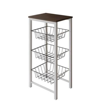 Imagem de Fruteira de Chão Cozinha Montada Aço Branco Tampo Amendoa Cesto Preto 