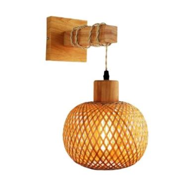Imagem de Luminária de parede E27, luminária de parede em madeira de bambu, abajur trançado à mão, lanterna em rattan de bambu, luminária de cabeceira vintage para sala de estar, sala de jantar, quart