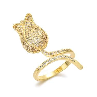 Imagem de OIDIMS Elegante anel de flor de tulipa para mulheres, ajustável, aliança aberta com dedo de compromisso, imitação cintilante, cristal de zircônia cúbica, floral, ajuste confortável, joia de coquetel