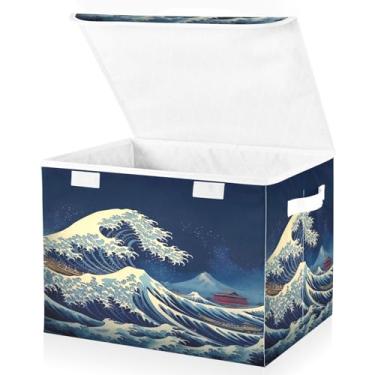 Imagem de Blueangle Cestos de armazenamento Great Wave com tampas, 42 x 32 x 30 cm, grande cesta organizadora dobrável para decoração de casa e escritório (84)