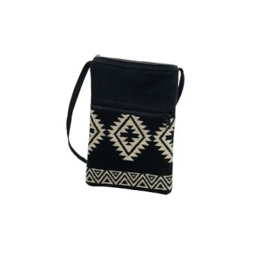 Imagem de Samay Bolsa transversal feita à mão de lã de alpaca do Equador, bolsa de ombro boho andina artesanal com alça, bolsa de viagem pequena, Diamante geométrico preto, Small