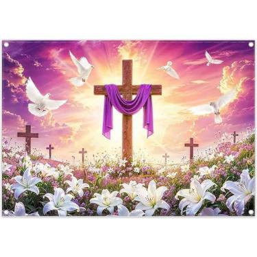 Imagem de ZTHMOE Tecido 2,1 x 1,5 m Páscoa Jesus Cruz Fotografia Pano de fundo Ele é Ressuscitado Luz Sagrada Igreja Cristã Evento Pomba Flores Fundo Decoração Festa Religiosa Faixa Fotográfica