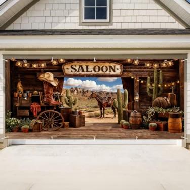 Imagem de Capa de porta de garagem de aniversário, cenário fotográfico de faixa de feliz aniversário, fundo de festa para decoração de parede interna e externa (bar cowboy ocidental, 1,8 x 3 m)