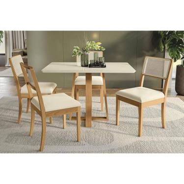 Imagem de Mesa Cozinha Elma Premium Madeira Maciça c/ Tampo Madeirado c/ Vidro 120x80cm e 4 Cadeiras Lola Carvalho/Off White - Linho Bege Argila-Kappesberg