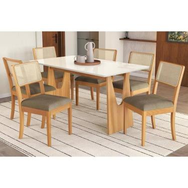 Imagem de Mesa Cozinha Mila Premium Madeira Maciça c/ Tampo Madeirado c/ Vidro 160x90cm e 6 Cadeiras Lola Carvalho/Off White - Boucle Bege Fendi-Kappesberg