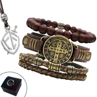 Imagem de Pulseiras Masculinas Couro SÃO BENTO Kit C 03 e Colar Brasão Fé - Gran