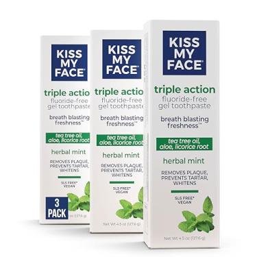 Imagem de Kiss My Face Gel de pasta de dente de ação tripla, sabor de menta herbal, remove placa, clareia os dentes, previne o tártaro, com óleo de melaleuca e aloe, sem flúor, vegano, 127 g, pacote com 3