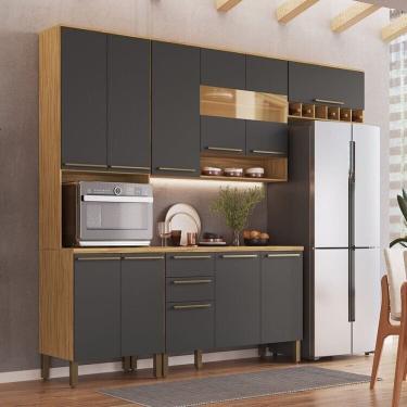 Imagem de Cozinha Compacta Modulada 4 Peças 11 Portas com Vidro e Tampo 266cm 100% Mdf Itália Espresso Móveis Amêndoa/Cinza