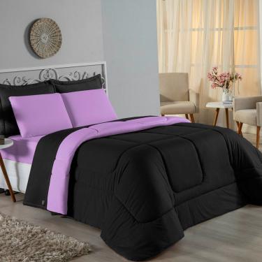Imagem de Kit Edredom Dupla Face + Jogo De Lençol King Nobre 6 Peças Malha 100% Algodão - Preto / Lilás
