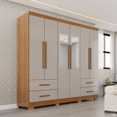 Imagem de Guarda-Roupa Casal Balder Premium 6 Portas 4 Gavetas com Pés e Espelho Cinamomo/Off White - Pnr Móveis