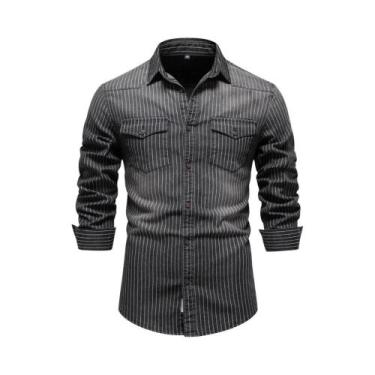 Imagem de Camisas De Denim Slim Fit Para Homens AIOPESON Em Algodão Listrado De 