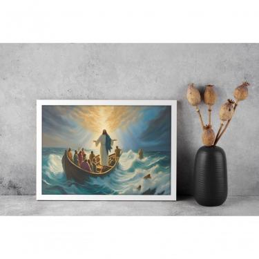 Imagem de Quadro Religioso Jesus no Mar da Galileia Retangular 30 X 40 em Vinil com Ou sem Vidro Madeira