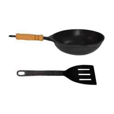 Imagem de Frigideira Wok Antiaderente Cabo Madeira 32cm e Espátula - Alumínios V