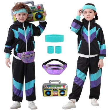 Imagem de Ezuwail Roupa infantil dos anos 80 anos 90 para meninos e meninas, 6 peças, unissex, retrô, corta-vento para crianças, treino, hip hop, dança, fato de treino, Preto, 9-10 Anos