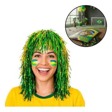 Imagem de Peruca Metalizada Copa Brasil Verde Amarela Fantasia Verde/ Amarelo - 