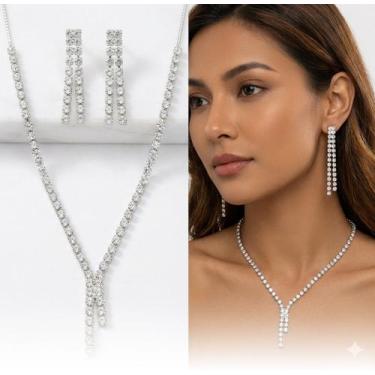Imagem de Conjunto Brincos Feminino E Colar Prata ZircôniaFesta Luxo - MS CHOICE