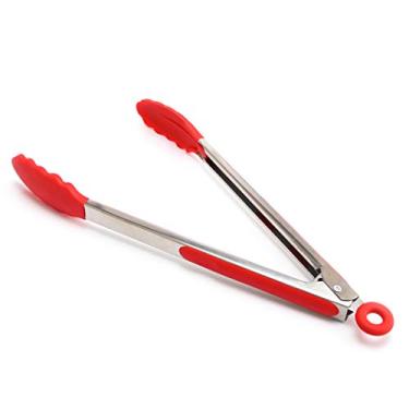 Imagem de Pegador vermelho de silicone de 17,78 cm para alimentos churrasco carne pão pinça bifes utensílios de cozinha (tamanho: 17,78 cm de comprimento)