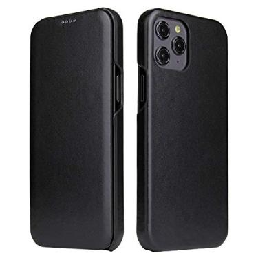 Imagem de GSYH Capa de couro para iPhone 12 Pro Max, capa flip de couro vintage genuíno em borda curvada, design lateral aberto estilo livro capa para iPhone 12 Pro Max 6.7, preta