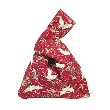 Imagem de Bolsa de pulso com estampa de quimono japonesa de algodão requintada e moderna bolsa de nó carteira portátil para mulheres, Guindaste vermelho
