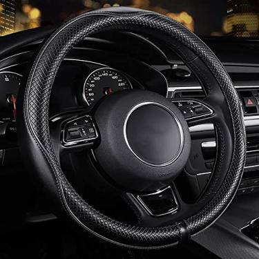 Imagem de Caro De Couro Pressionando A Manga Do Volante Do Volante Four Seasons Univeral Respirável Non -slip 15 -Polegada, Linha Vermelha De Pele Preta