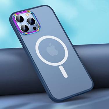 Imagem de Para iphone 13 pro max estojo magnético de acrílico fosco de luxo para iphone 12 pro max colorido lente mental capa de silicone, azul escuro magnético, para iphone 12pro