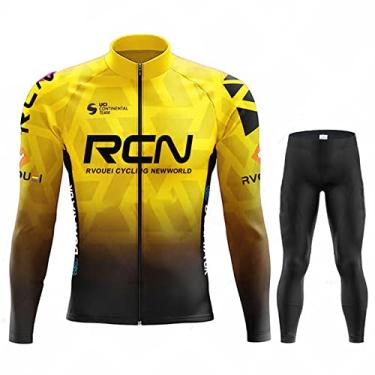 Imagem de Outono Inverno Ciclismo Jersey Ao Ar Livre Térmico Fleece Bicicleta Meia-calça Zíper Completo À Prova de Vento Bicicleta de Estrada Manga Longa Bib Pants, Amarelo, M (172 CM/65 KG)