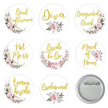 Imagem de 16 peças de broches de festa de casamento, botões de festa de chá de panela, noiva/dama de honra/diva, broche de mancha para festa de despedida de solteira e decorações de chá de panela, 2in, Folha de flandres