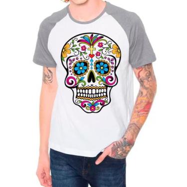 Imagem de Camiseta Raglan Caveira Mexicana Skull Cinza Branca Masculina02 - Desi