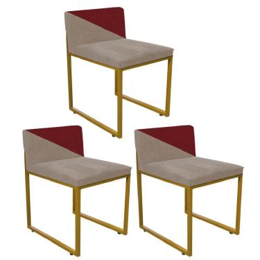 Imagem de Kit 03 Cadeira Lee Duo Sala De Jantar Ferro Dourado Sintético Bege E Vermelho - Amey Decor