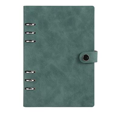 Imagem de Caderno de couro espiral A5, agenda recarregável de 6 anéis com botão de metal, 100 folhas de papéis para escrever esboços de desenhos, verde