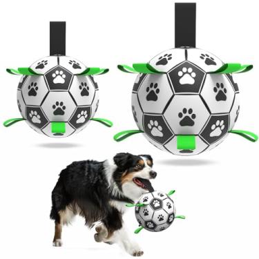 Imagem de QDAN 2 peças de brinquedos para cães, conjunto de bolas de futebol com tiras, brinquedos interativos para cães de cabo de guerra, para filhotes, brinquedo aquático para cães, bolas duráveis para cães médios e grandes (15 e 20 cm)