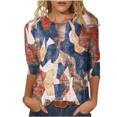 Imagem de Blusas femininas gola redonda manga 3/4 color block sol geometria ajuste relaxado camisas longas outono verão 2024, V-222 multicolorido, 3G