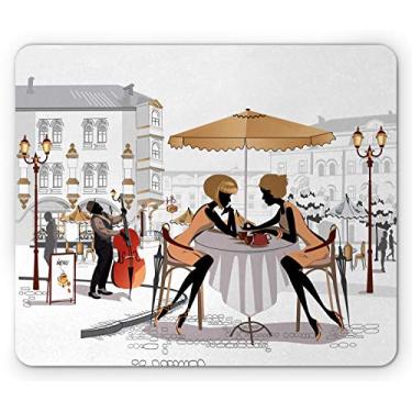 Imagem de Lunarable Mouse pad França, 2 senhoras em um café de Paris na cidade velha com tema urbano de músico de rua, mousepad retangular de borracha antiderrapante, tamanho padrão, marrom areia branco pêssego