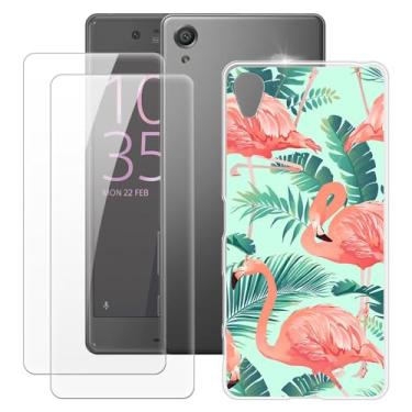 Imagem de MILEGOO Capa para Sony Xperia X F5121 + 2 peças protetoras de tela de vidro temperado, capa de TPU de silicone macio à prova de choque para Sony Xperia X Dual F5122 (5 polegadas) Flamingo
