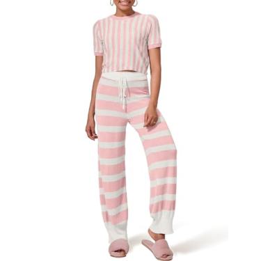 Imagem de Tankaneo Conjunto feminino de 2 peças de malha listrada de manga curta e calça larga, rosa, G