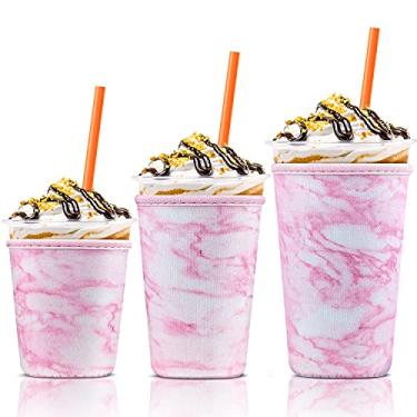 Imagem de Pacote com 3 unidades de mangas para copos de café gelado, reutilizável de neoprene para bebidas quentes e frias, compatível com Starbucks, Dunkin Donuts e mais (3 pacotes de Sm-Med-Lg, mármore rosa)